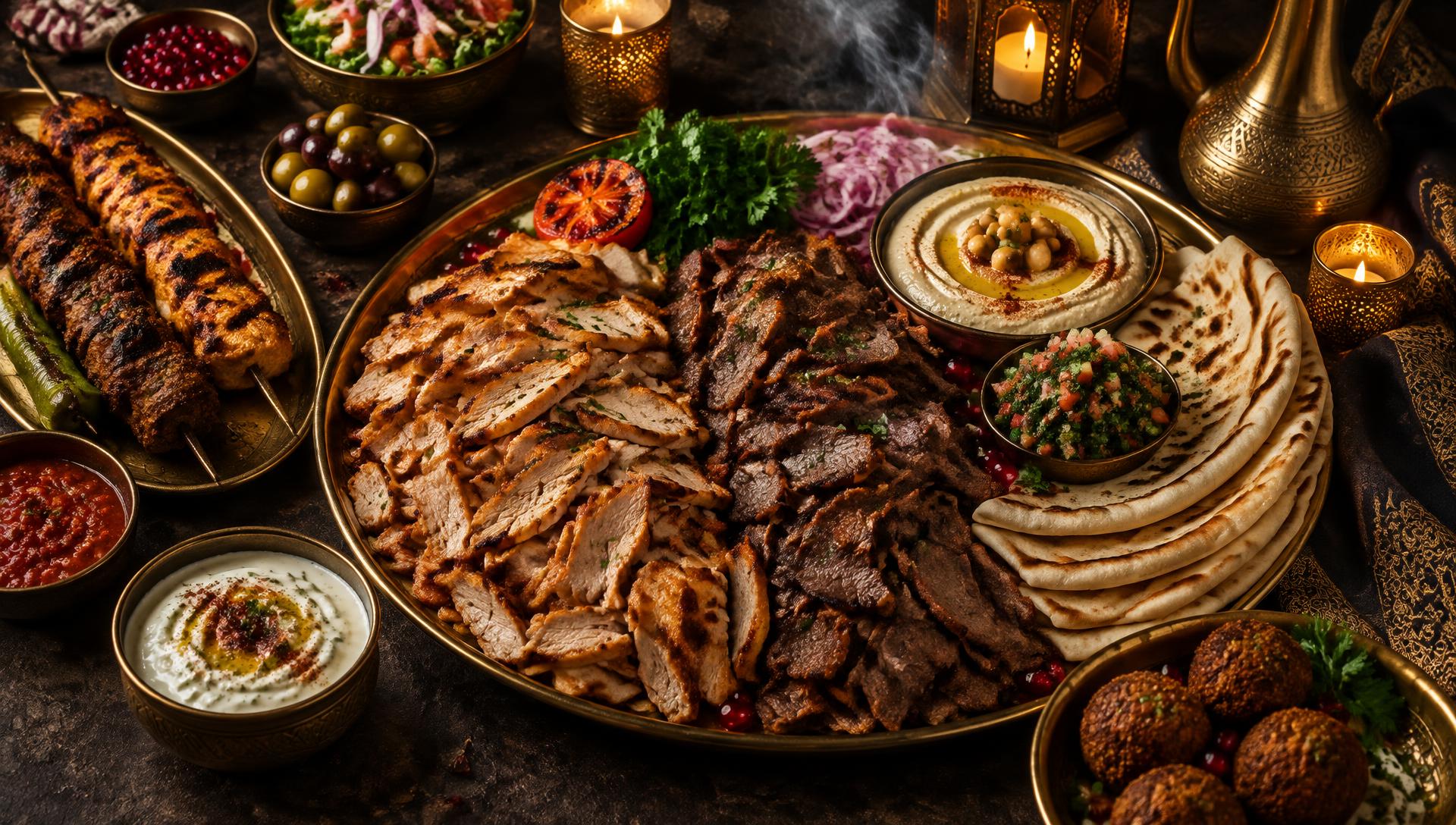 AI-created cinematic illustration of a Middle Eastern spread — not a photograph of Daily Shawarma's dishes