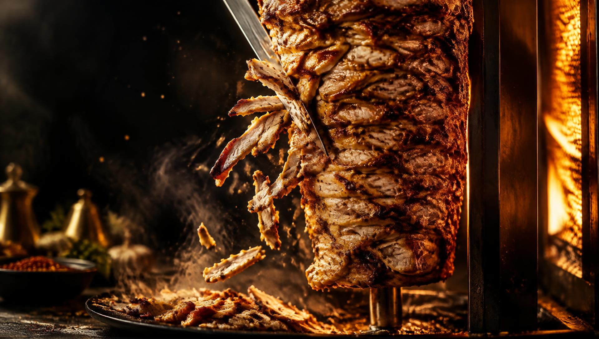 AI-created cinematic illustration of shawarma roasting over open flame — not a photograph of Daily Shawarma's dishes