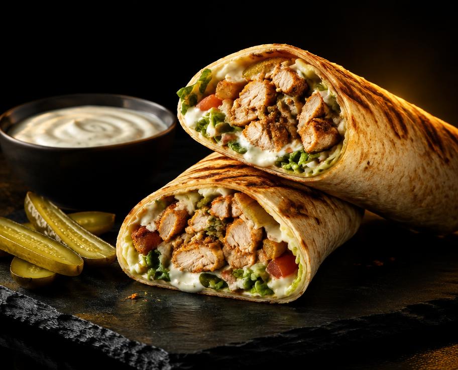 AI-created food illustration · not a photograph of our dishes Illustration of Chicken Shawarma Wrap