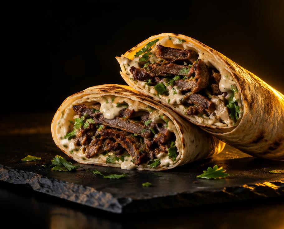 AI-created food illustration · not a photograph of our dishes Illustration of Lamb Shawarma Wrap