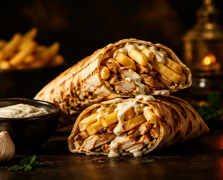AI-created food illustration · not a photograph of our dishes Illustration of Chicken Shawarma Chips in Wrap