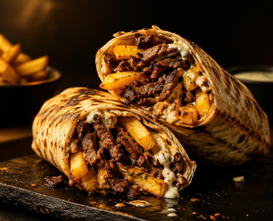 AI-created food illustration · not a photograph of our dishes Illustration of Lamb Shawarma Chips in Wrap