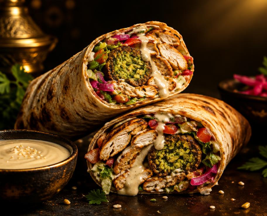 AI-created food illustration · not a photograph of our dishes Illustration of Chicken Shawarma Falafel in Wrap