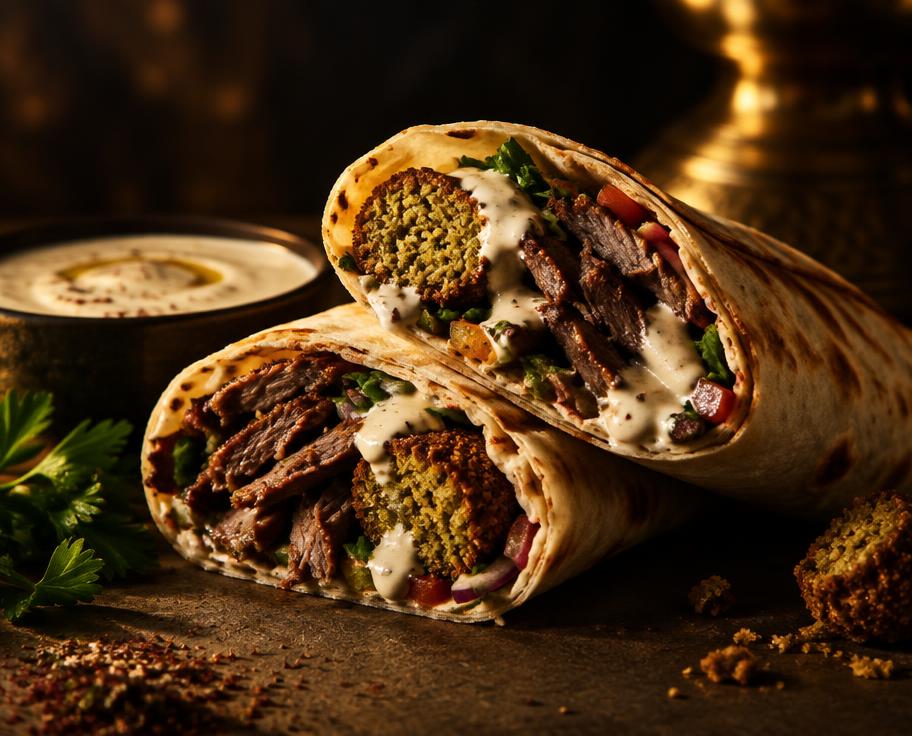 AI-created food illustration · not a photograph of our dishes Illustration of Lamb Shawarma Falafel in Wrap
