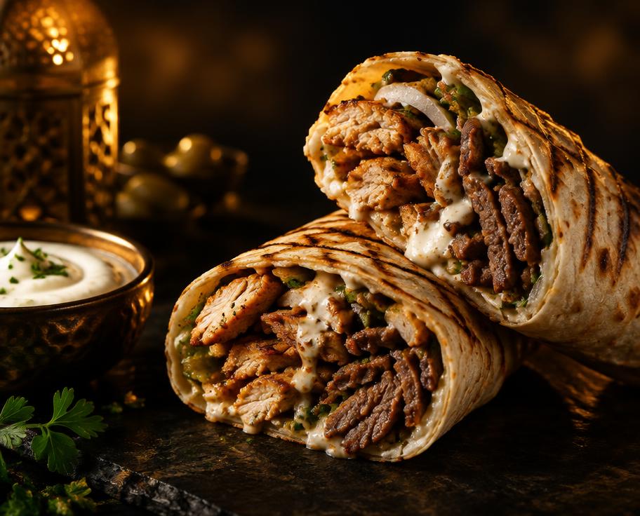 AI-created food illustration · not a photograph of our dishes Illustration of Mix Shawarma Wrap