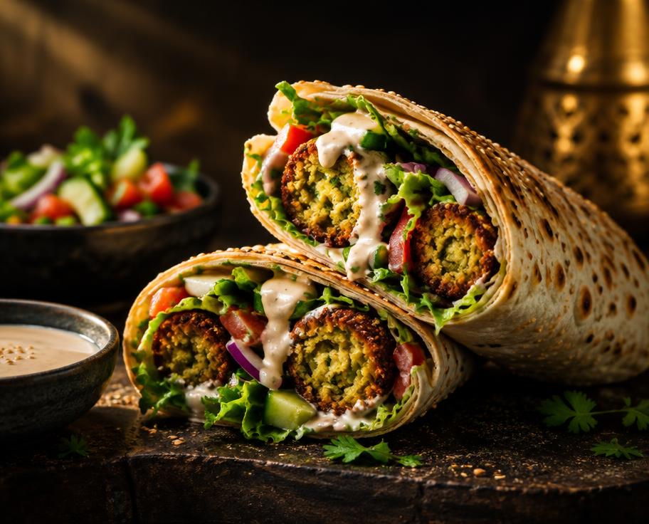 AI-created food illustration · not a photograph of our dishes Illustration of Falafel Wrap